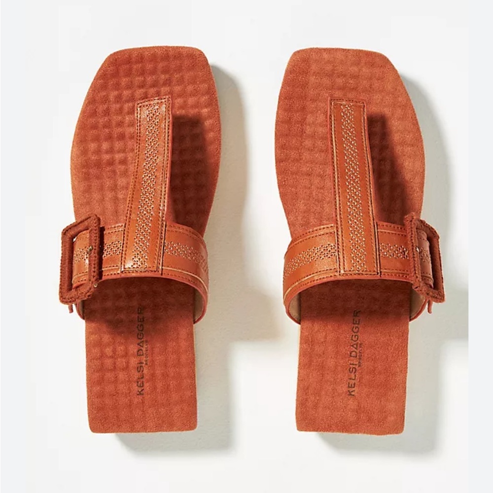 Anthropologie Kelsi Dagger Brown Leather Sandals Brooklyn Swag Buckle Size 7.5